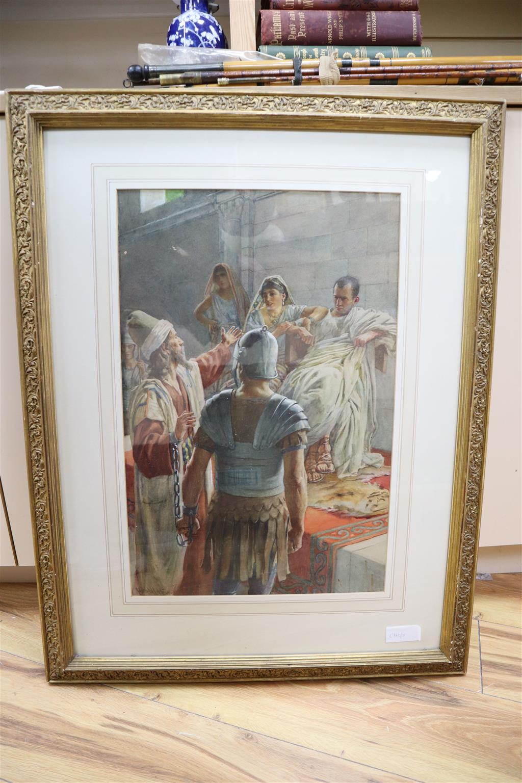 Harold Copping (1863-1932), watercolour, St Paul in the Temple, signed, 53 x 35cm